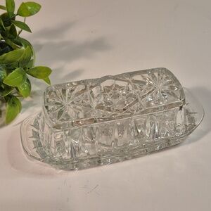 ANCHOR HOCKING Vintage Clear Pressed Glass Lidded Butter Dish 'Star of David'